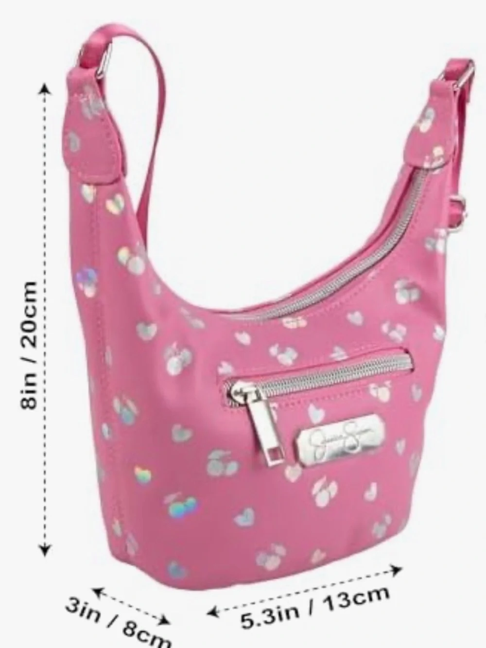 NWT pink holographic cherry-and-heart print hobo shoulder bag by Jessica Simpson